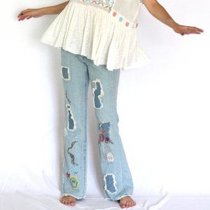 Bebe Embroidered Wide Leg Jeans